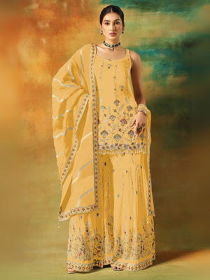 Rajwada Yellow Georgette Embroidered Semi-Sitched Kurta Set For Women