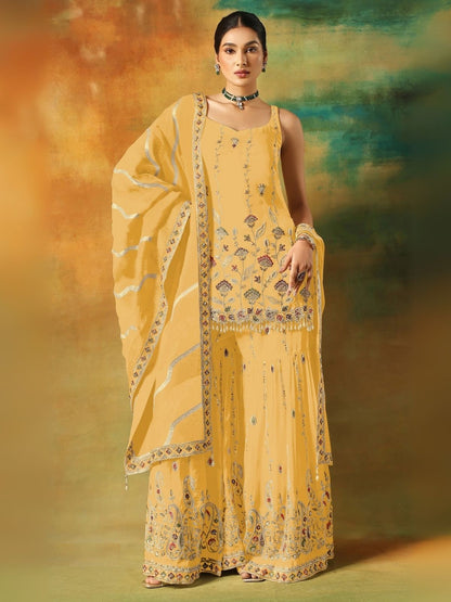Rajwada Yellow Georgette Embroidered Semi-Sitched Kurta Set For Women