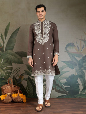 Rajwada Brown Viscose Silk Embroidered Stitched Kurta For Men
