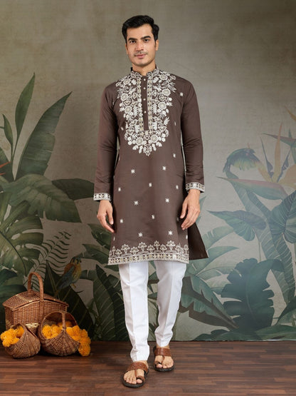Rajwada Brown Viscose Silk Embroidered Stitched Kurta For Men