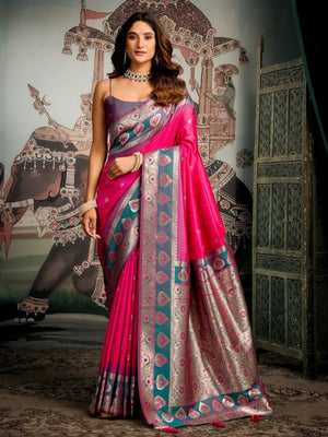 Rajwada Pink Silk Blend Solid Saree For Women