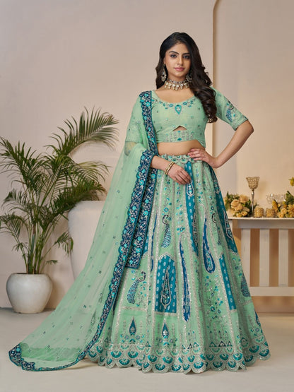 Rajwada Sky Blue Banarasi Silk Embroidered Semi-Stitched Lehenga For Women