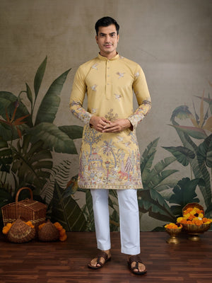 Rajwada Yellow Viscose Silk Embroidered Stitched Kurta For Men