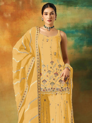 Rajwada Yellow Georgette Embroidered Semi-Sitched Kurta Set For Women