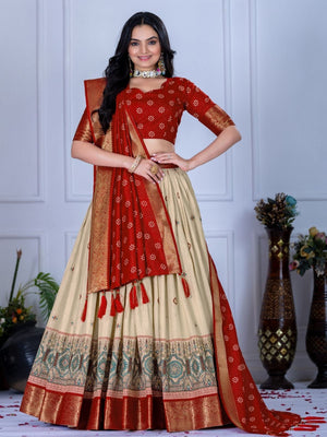 Rajwada Beige And Red Silk Blend Printed Semi-Stitched lehenga For Women