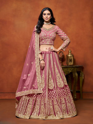 Rajwada Pink Net Embroidered Semi-Stitched lehenga For Women