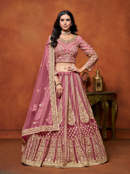 Rajwada Pink Net Embroidered Semi-Stitched lehenga For Women