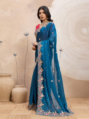 Rajwada Teal Blue Chiffon Embroidered Saree For Women