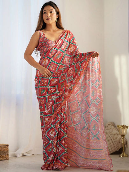 Rajwada Red Silk Blend Bandhini Print & Cutwork Saree For Women