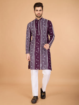 Rajwada Wine Viscose Rayon Embroidered Stitched Kurta For Men