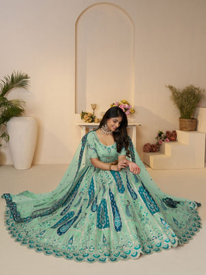 Rajwada Sky Blue Banarasi Silk Embroidered Semi-Stitched Lehenga For Women