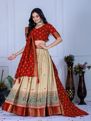 Rajwada Beige And Red Silk Blend Printed Semi-Stitched lehenga For Women