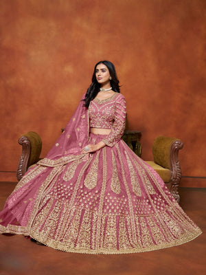 Rajwada Pink Net Embroidered Semi-Stitched lehenga For Women