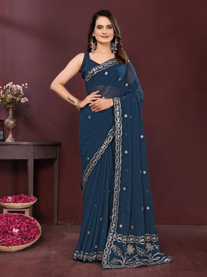 Rajwada Navy Blue Georgette Solid Saree For Women