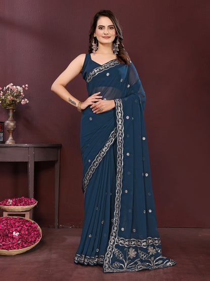 Rajwada Navy Blue Georgette Solid Saree For Women