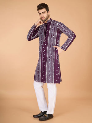 Rajwada Wine Viscose Rayon Embroidered Stitched Kurta For Men