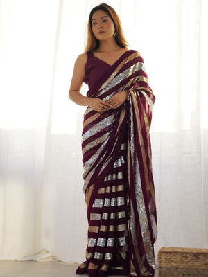 Rajwada Wine Georgette Sequins Saree With Unstitched Blouse For Women