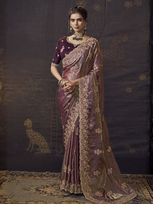 Rajwada Mauve Satin Embroidered Saree For Women