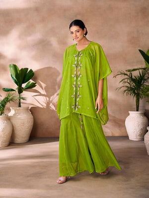 Rajwada Green Organza Embellished Stitched Co-Ord Set For Women