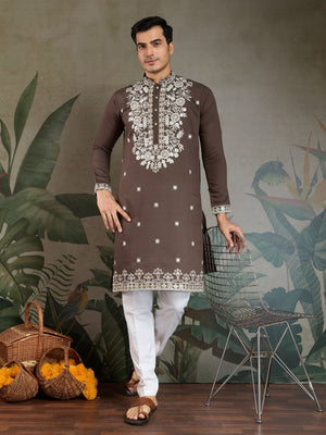Rajwada Brown Viscose Silk Embroidered Stitched Kurta For Men