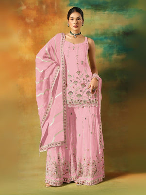 Rajwada Pink Georgette Embroidered Semi-Sitched Kurta Set For Women