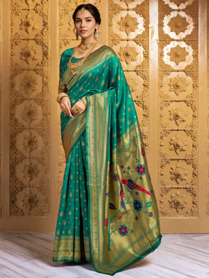 Rajwada Teal Green Silk Blend Woven Pithani Saree For Women
