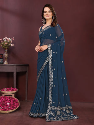 Rajwada Navy Blue Georgette Solid Saree For Women