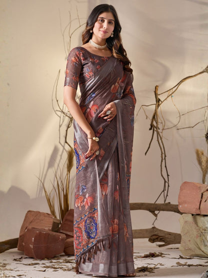 Rajwada Light Brown Linen Cotton Printed Saree For Women