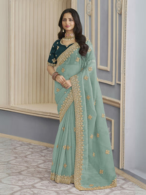 Rajwada Sea Green Georgette Crush Embellished Elegant Saree For Women