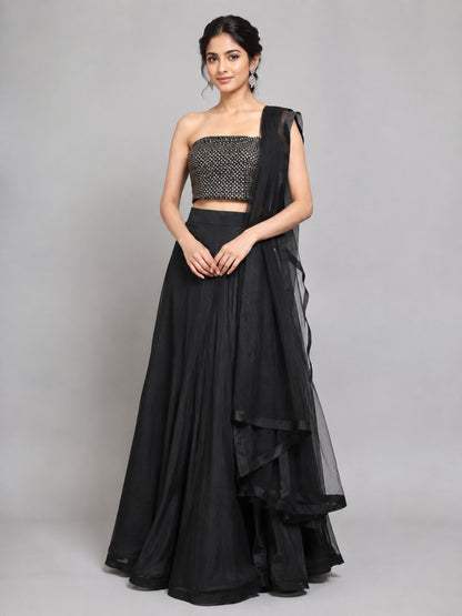 Black Silk Blend Plain Lehenga