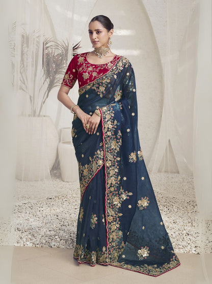 Rajwada Teal Organza Embroidered Elegant Saree For Women