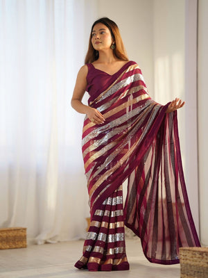 Rajwada Wine Georgette Sequins Saree With Unstitched Blouse For Women