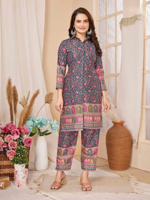 Rajwada Navy Blue Rayon Printed Semi-Stitched Co-Ord Set For Women