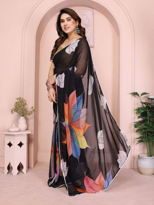Rajwada Black Georgette Printed & Ruffle Saree For Women