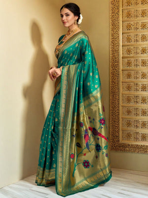Rajwada Teal Green Silk Blend Woven Pithani Saree For Women