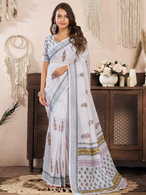 Rajwada Off White Cotton Linen Zari Work Saree For Women