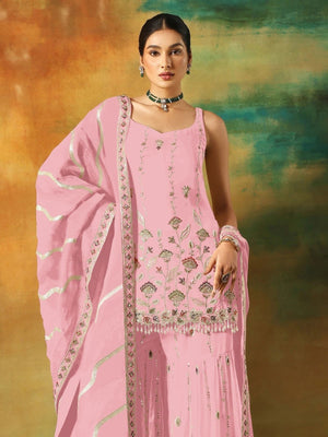 Rajwada Pink Georgette Embroidered Semi-Sitched Kurta Set For Women
