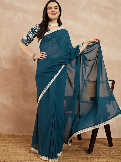 Rajwada Teal Georgette Embellished Saree For Women