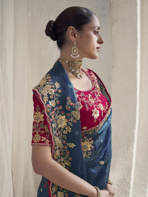 Rajwada Teal Organza Embroidered Elegant Saree For Women