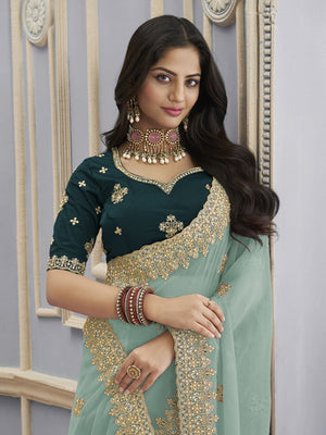 Rajwada Sea Green Georgette Crush Embellished Elegant Saree For Women