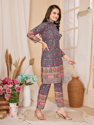 Rajwada Navy Blue Rayon Printed Semi-Stitched Co-Ord Set For Women