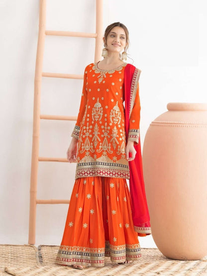 Rajwada Orange Chinon Embellished Semi Stitched Kurta Set For Women
