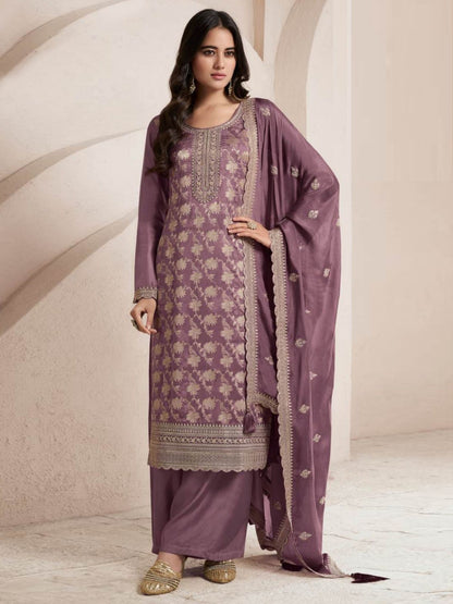 Rajwada Mauve Jacquard Embroidered Semi Stitched Kurta Set For Women