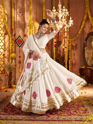 Rajwada Off White Viscose Rayon Rabari Work Semi-Stitched lehenga With Stunning Tassels For Women