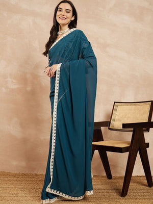 Rajwada Teal Georgette Embellished Saree For Women
