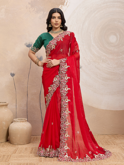 Rajwada Red Chiffon Embroidered Saree For Women
