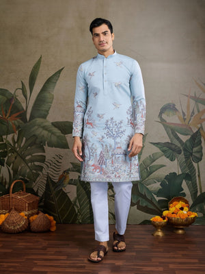 Rajwada Sky Blue Viscose Silk Embroidered Stitched Kurta For Men