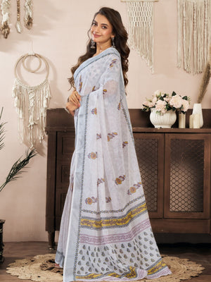Rajwada Off White Cotton Linen Zari Work Saree For Women