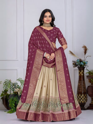 Rajwada Beige And Purple Silk Blend Printed Semi-Stitched lehenga For Women