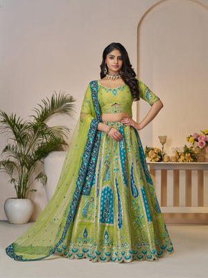 Rajwada Green Banarasi Silk Embroidered Semi-Stitched Lehenga For Women